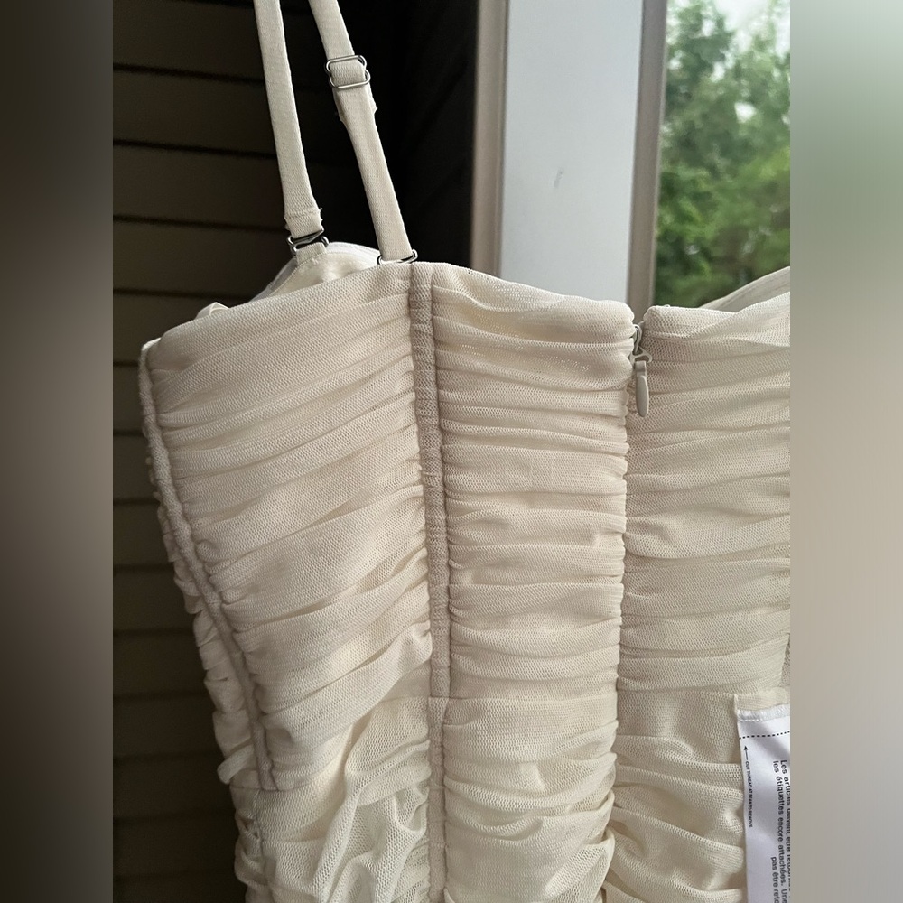 🆕BCBGMaxAzria Off-White Ruched Mesh Corset Midi Dress Size 6 Bridal Shower Party - Picture 15 of 16